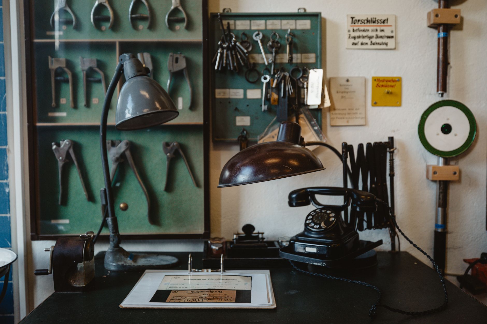 Desk with lamps and notes