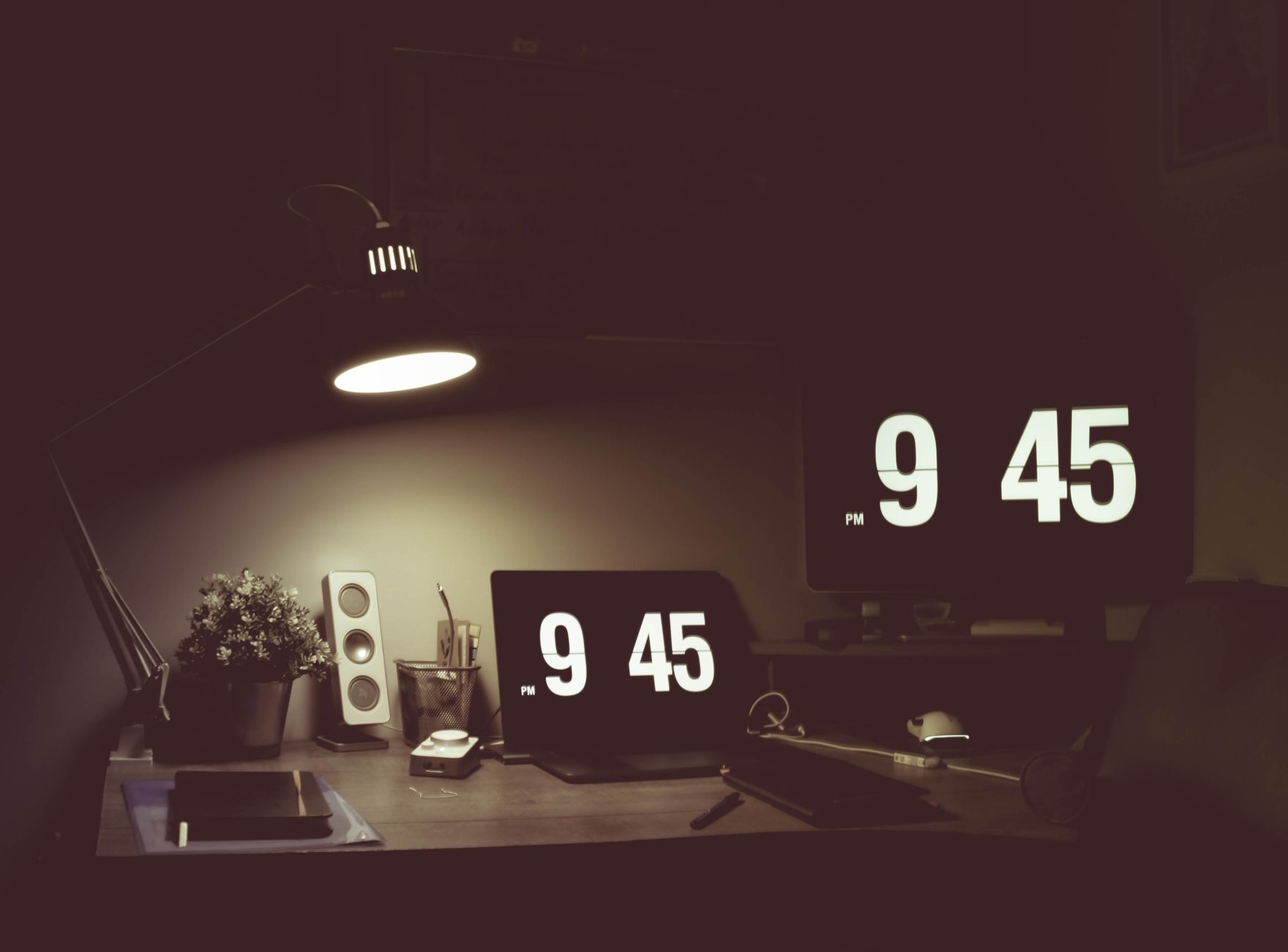 Desk by a window at night